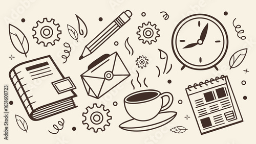 A cozy workspace illustration featuring a cup of coffee, clock, notebook, and stationery, perfect for creative inspiration.