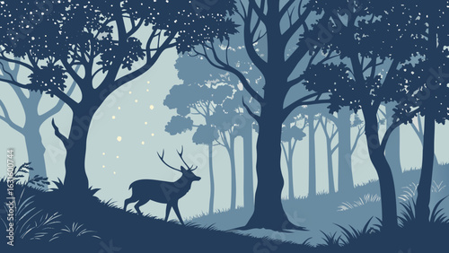A serene silhouette of a stag in a tranquil forest under a starry night sky.