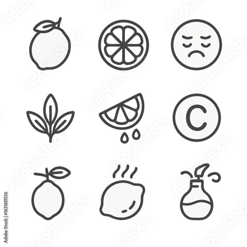 Lemon vector icons featuring emotions linked to vitamin c and lemons. Ideal for health, food, wellness, and moodrelated projects.
