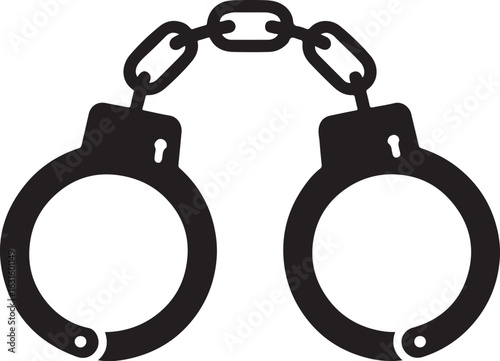 Black silhouette of handcuffs linked together on a white background