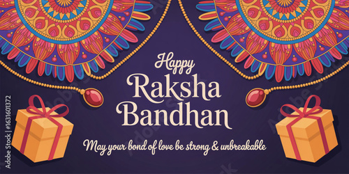 Raksha Bandhan greeting card with colorful mandala art, festive gift boxes, and heartfelt message celebrating sibling love and tradition
