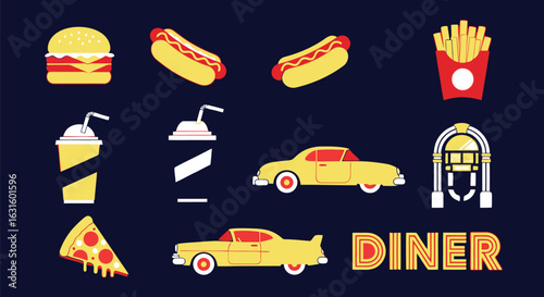 Vector illustration of retro diner food and cars with jukebox on dark blue background illustration