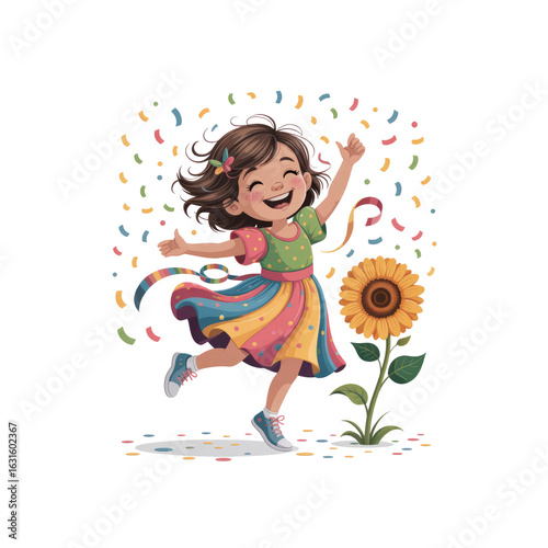 Joyful Little Girl Dancing in Confetti with Sunflower