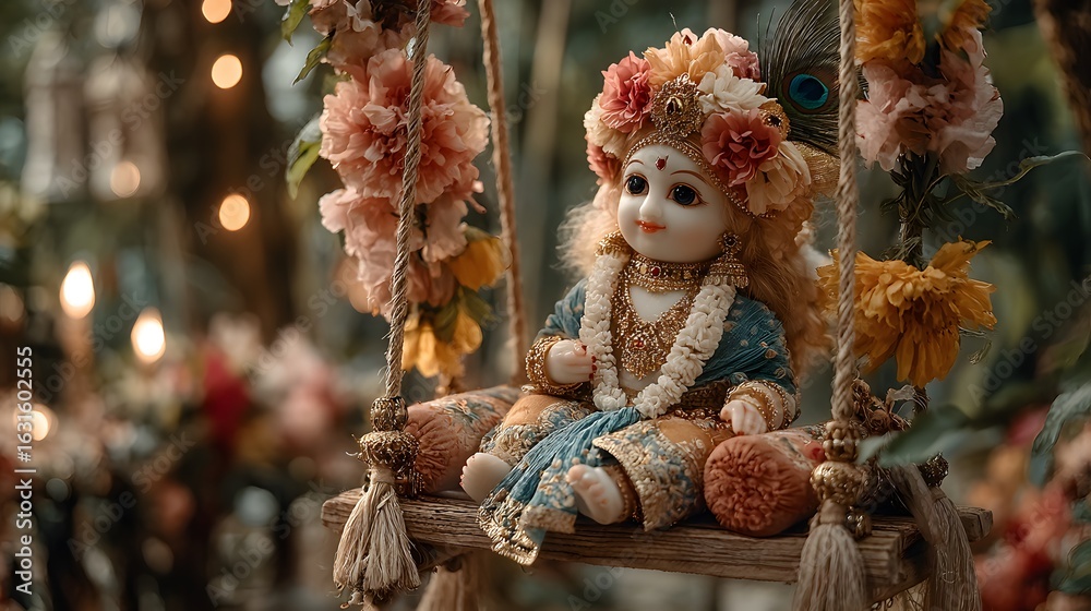 Fototapeta premium Decorative Child Doll Sitting on Swing with Flowers in Traditional Ethnic Outfit