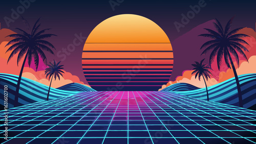 A vibrant sunset with palm trees, featuring retro wave aesthetics and a grid landscape in a colorful tropical setting.