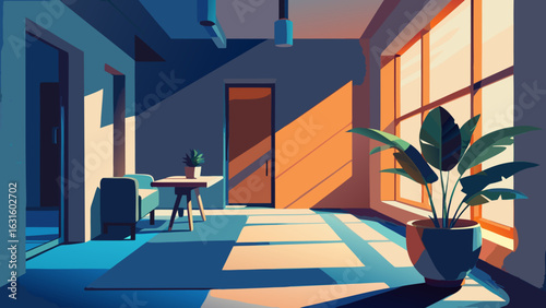 A modern, sunlit interior scene featuring a green plant, cozy seating, and dramatic shadows.