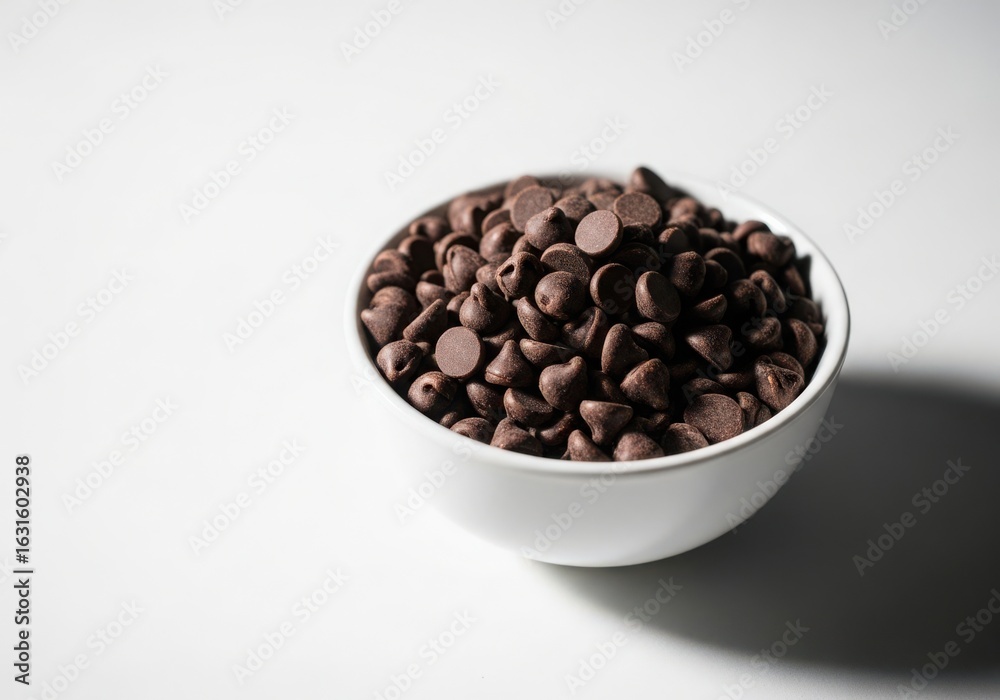Fototapeta premium Photo of a white bowl filled with dark chocolate chips, isolated on a white background, perfect for baking or as a sweet treat