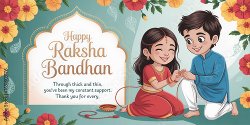 Happy Raksha Bandhan illustration with sister tying rakhi to brother, floral background, heartfelt message, and festive sibling celebration