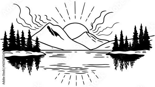 A serene black and white landscape featuring mountains, a lake, and sun rays, evoking a sense of tranquility and nature.