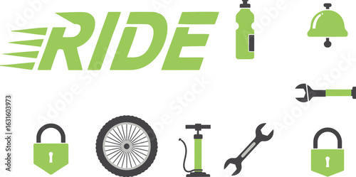 Vector illustration of bicycle and bike equipment icons in green color isolated on white background