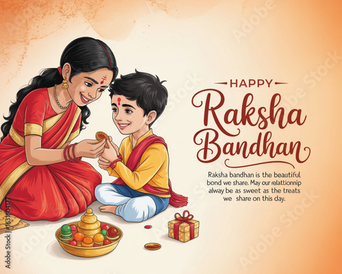 Raksha Bandhan celebration with sister tying rakhi to brother, festive sweets and gift box, showcasing Indian tradition and sibling love