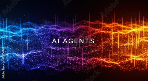 Futuristic data network with gradient colors, vertical light streaks, and AI Agents lettering