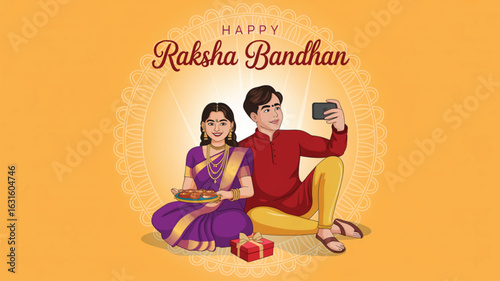 Happy Raksha Bandhan illustration with sister tying rakhi and brother taking selfie, festive gifts, diya thali, and joyful sibling bonding
