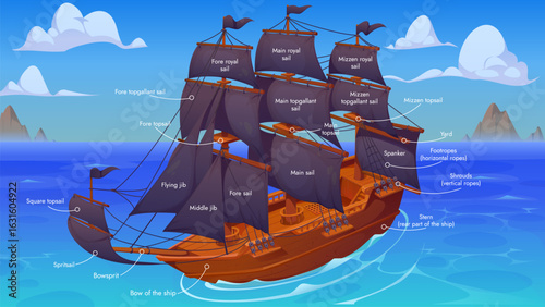 Sail ship infographics, main parts and sails for nautical education and maritime visuals. Cartoon vector diagram of a classic sailing ship labeled with parts including sails, rigging, and ship anatomy