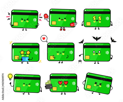 Cute cartoon credit card characters displaying various financial-related emotions and actions.