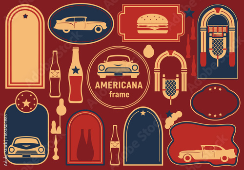 Vector illustration of americana frame collection with retro cars, burger, and juke box icons