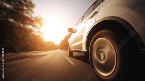 A car travels down a paved road surrounded by trees with the sun shining in the top right corner,