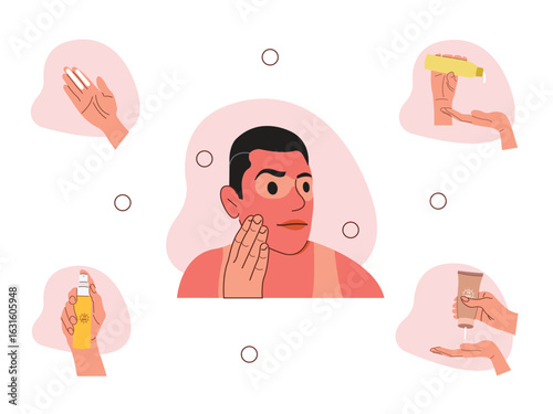 Woman applying sunscreen with lip balm, lotion, serum, and moisturizer for UV protection. Flat vector concept illustration. 