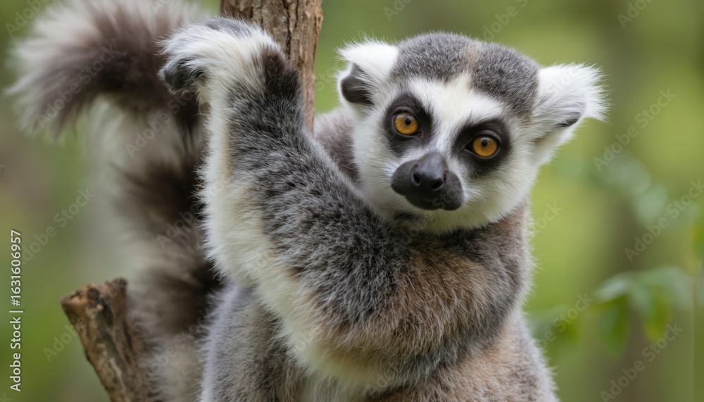 Fototapeta premium Close-up wildlife photo of ring-tailed lemur perched on tree branch. Distinctive fur pattern, bright eyes clearly visible. Natural habitat provides soft green blurred background, emphasizing animal