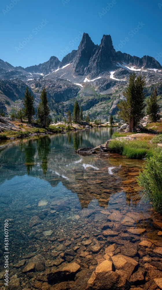 Fototapeta premium Mountain lake reflecting peaks. Clear water, rocky shore, and conifer trees surround a serene alpine lake mirroring a sharp mountain peak
