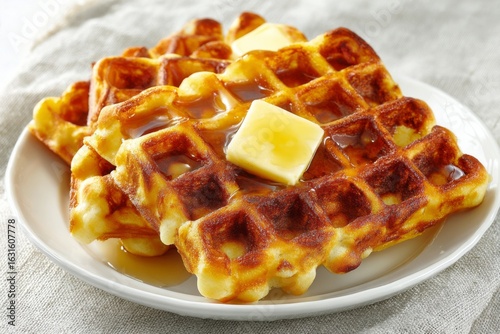 Classic golden waffle served on white plate with soft light