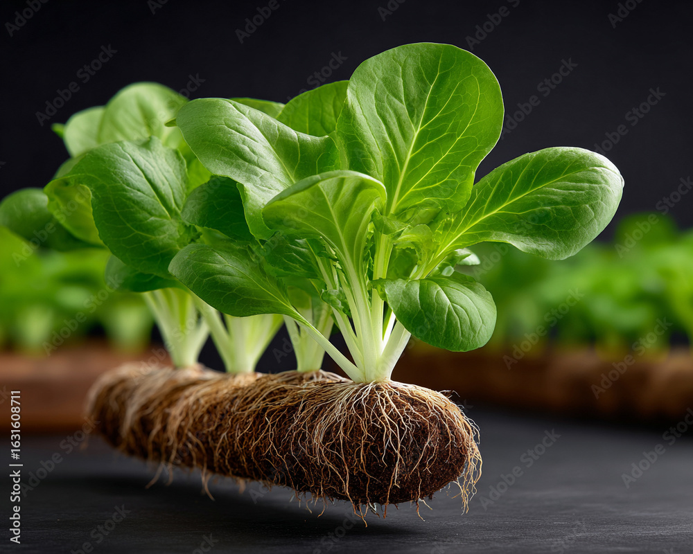 Fototapeta premium Smart Farming with AI Technology. Fresh green bok choy with visible roots, showcasing its natural beauty and health benefits.