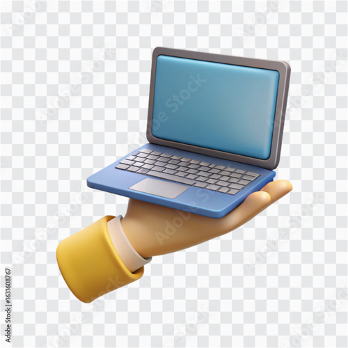 3D Hand Holding Laptop Icon | Technology, Remote Work & Digital Connection Symbol
