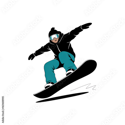 Snowboarder in mid-air, dynamic action pose illustration