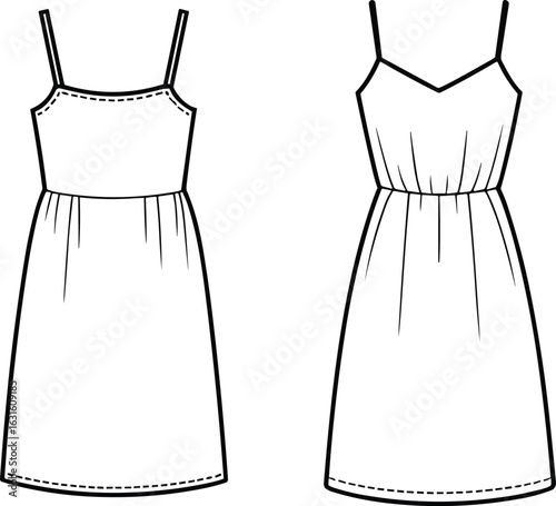 A technical fashion flat sketch on a white background, showcasing the front and back views of an off-the-shoulder mini dress with a sweetheart neckline, waist belt, and flared skirt,