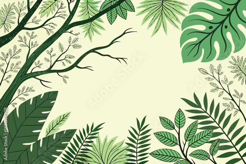 Illustration of a lush tropical forest with various shades of green leaves and branches framing the scene