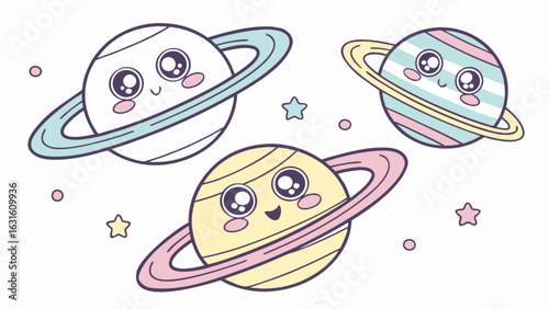 Cute planets space cartoon kawaii saturn astronomy galaxy stars cosmic illustration design vector art