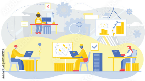 Illustration of people working at desks in an office with charts and graphs in the background area