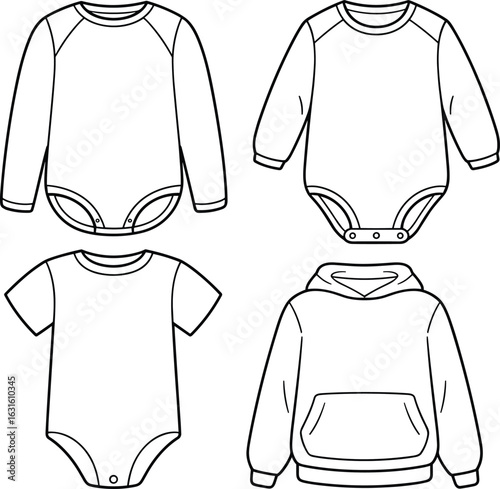 A technical fashion flat sketch on a white background, showcasing three different styles of long-sleeve maxi dresses with various necklines and back details, illustrating a variety