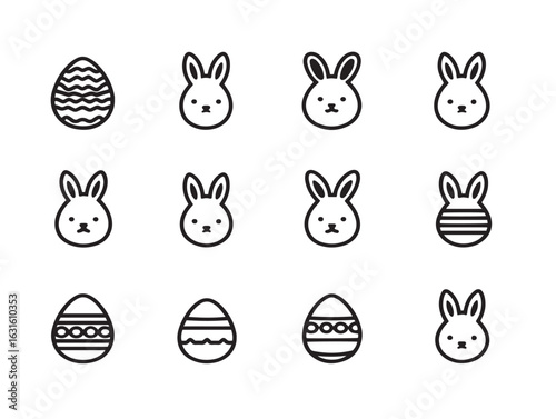 Holiday egg hunt and bunny symbols in outlined 2D vector format