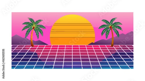 Retro wave sunset with palm trees and grid landscape background for vintage design template use