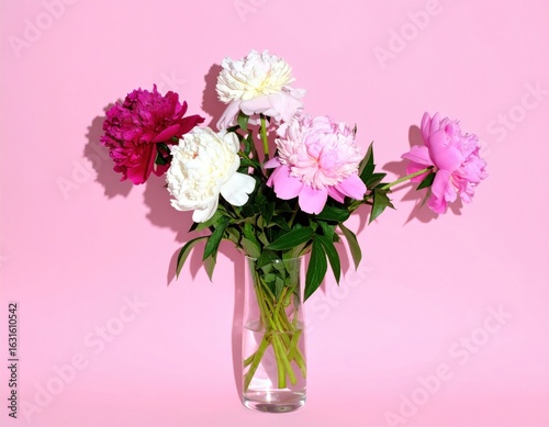 Wallpaper Mural Vibrant Peonies In Glass Vase Against A Pastel Pink Background Featuring Green Stems And Leaves With Soft Lighting Torontodigital.ca