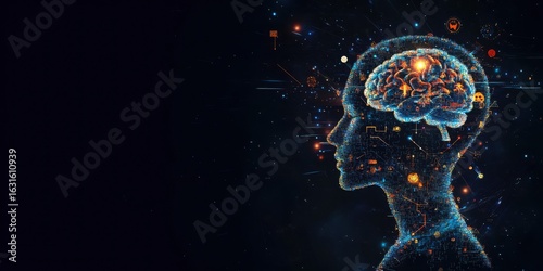 futuristic digital human head silhouette, glowing brain composed of interconnected neural circuits, data nodes, digital particles, dark background, banner, copy space. neuroscience, deep learning