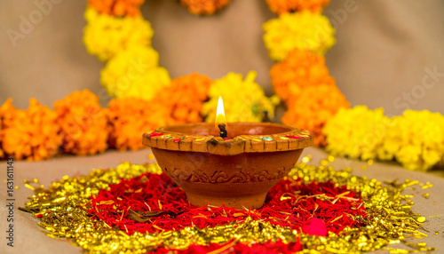 Close-up of lit clay lamp surrounded by saffron flower garlands and golden sequins on smooth beige fabric background