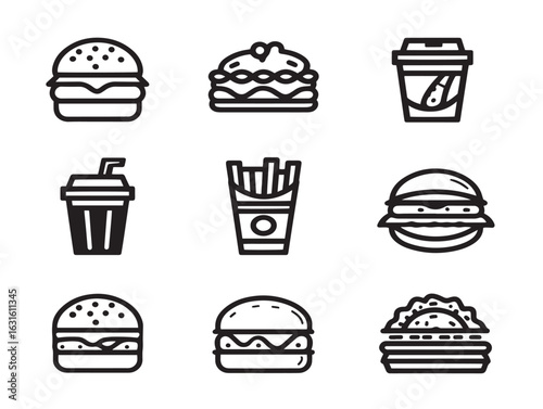Delicious burger and fries icons in 2D outlined vector design
