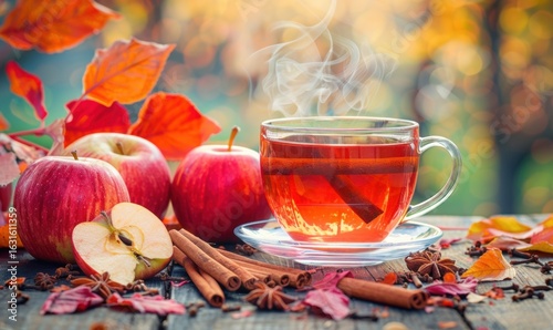 Hot apple cinnamon tea with spices and fall leaves on a wooden table