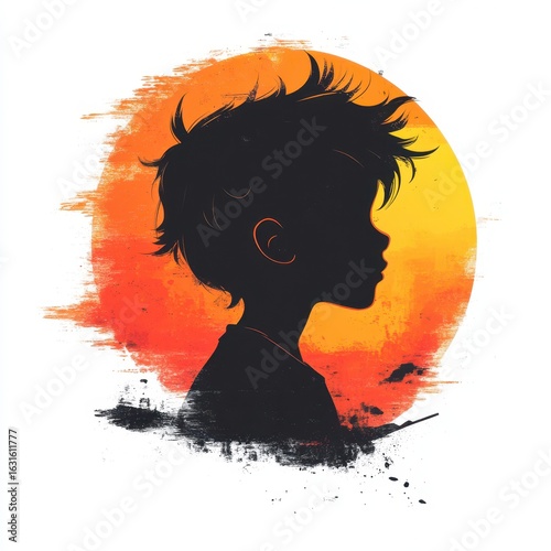 Child silhouette against a vibrant sunset with artistic brush strokes creating a serene atmosphere in the background