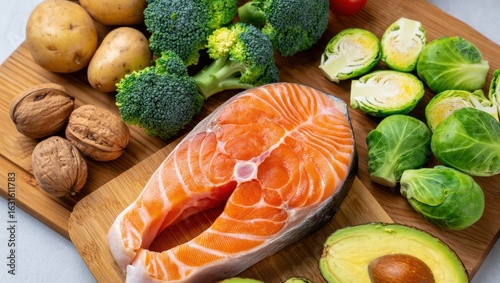 Wallpaper Mural Healthy raw salmon steak with fresh vegetables and nuts on a wooden board Torontodigital.ca