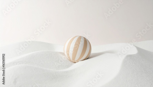 White Sand Waves with Beige Striped Sphere Minimalist Rendered Composition Against Soft Backdrop