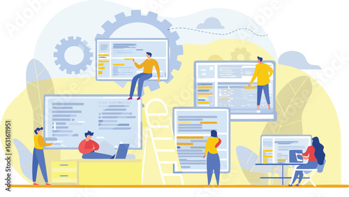 Illustration of people working on screens with gear and ladder in a collaborative environment