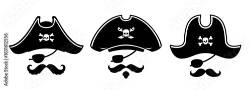 Pirate captain hats photo booth masks, vector photo booth props template. Pirate birthday party, carnival or Halloween costume photo booth masks with corsair captain hat, eye patch, mustache and beard