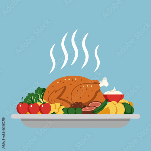 Fresh roasted turkey for festive occasions presented on platter with vegetables and sauces. Roasted turkey centerpiece of family meals, adds warmth to holidays.