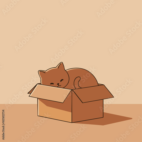 Cute cat sleeping peacefully in cardboard box on beige background. Cute cat rests comfortably, nestled within corrugated paper, enjoying cozy nap, creating scene of warmth and tranquility.