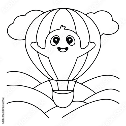 Adorable cartoon ghost flying in a hot air balloon over rolling hills cute