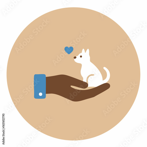 Dog adoption sign with dark skinned hand holding fluffy puppy is seen in profile, adorable pet dog adoption. Dog adoption includes blue heart above puppy, hand holds with love.