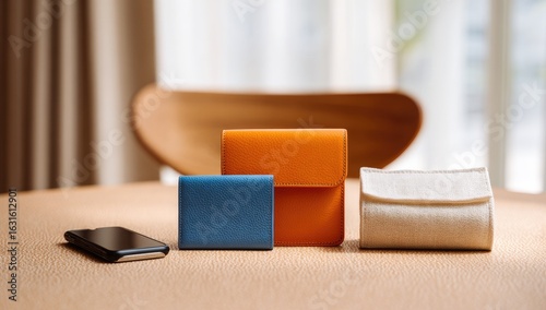 Three leather wallets and a phone on a table